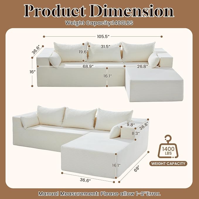 106" Cloud Sectional Boneless Couches - Image 2