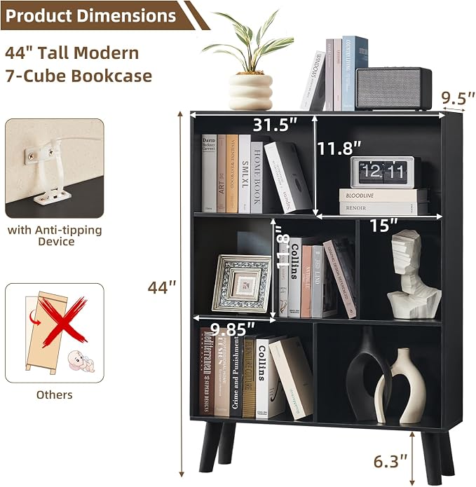 LEYAOYAO 7 Cube Black Bookshelf, 3 Tier Modern Bookcase - Image 2