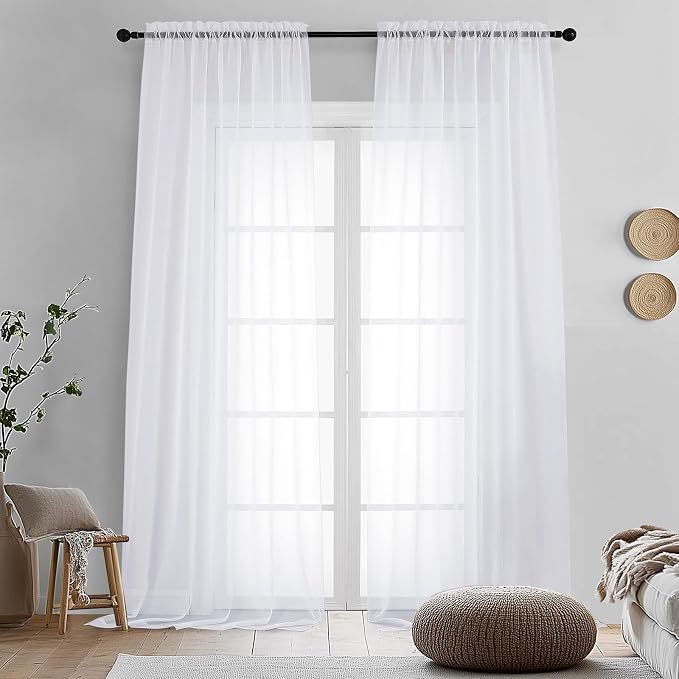 2 Panels White Sheer Curtains 96" Length by OVZME