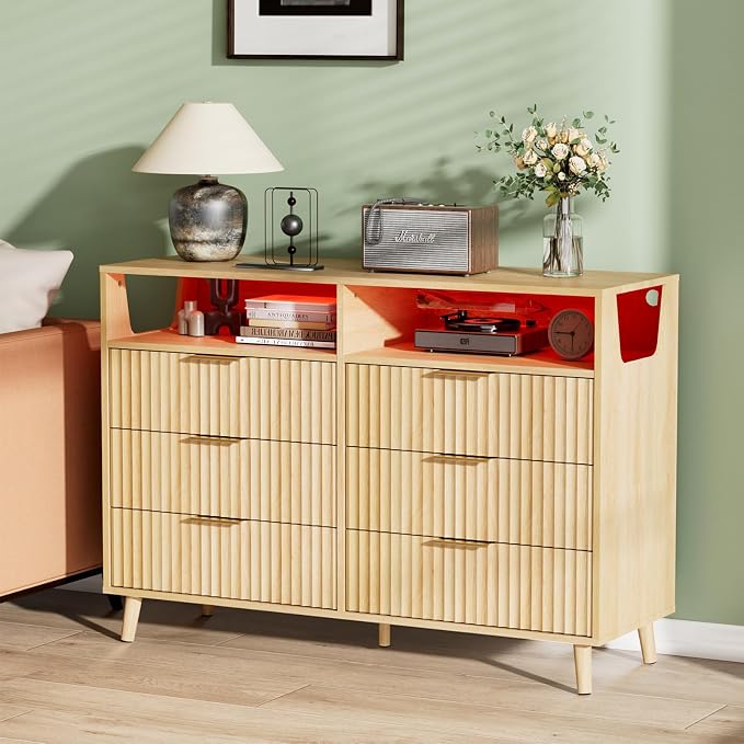 VINGLI Fluted Dresser Led, 6 Drawer Dresser by VINGLI