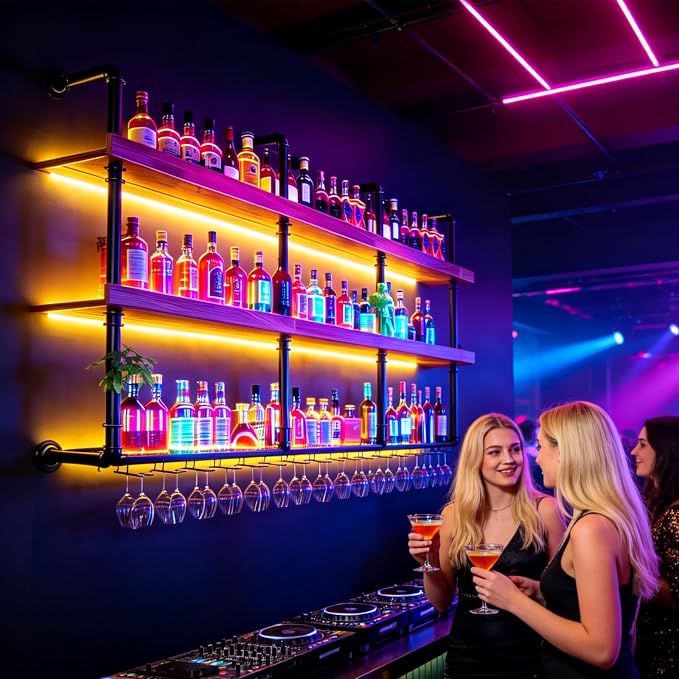 Wall Mounted Wine Rack with LED Lights, 4-Tier Industrial Wood Floating Shelves - Image 7