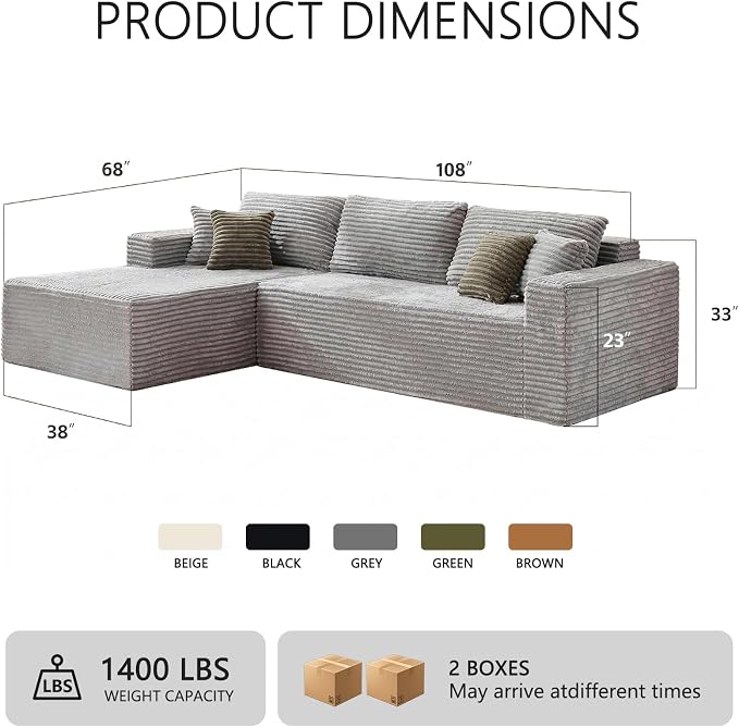 108" Boneless Couch Modular Sectional Sofa, L-Shaped Couch - Image 2