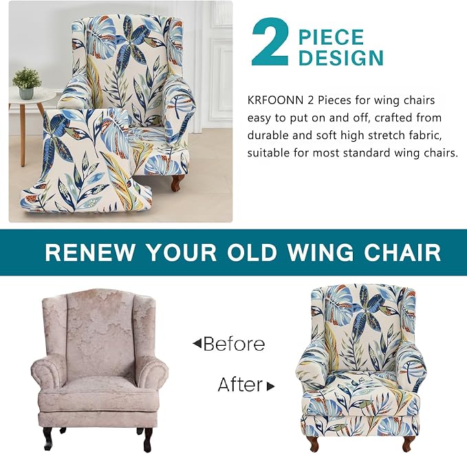 KRFOONN Stretch Wing Chair Slipcovers Printed 2 Piece Wingback Chair Covers - Image 3