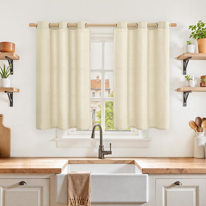 YoungsTex Warm Beige Linen Curtains 40 Inch Length, Short Light Filtering Drapes by YoungsTex