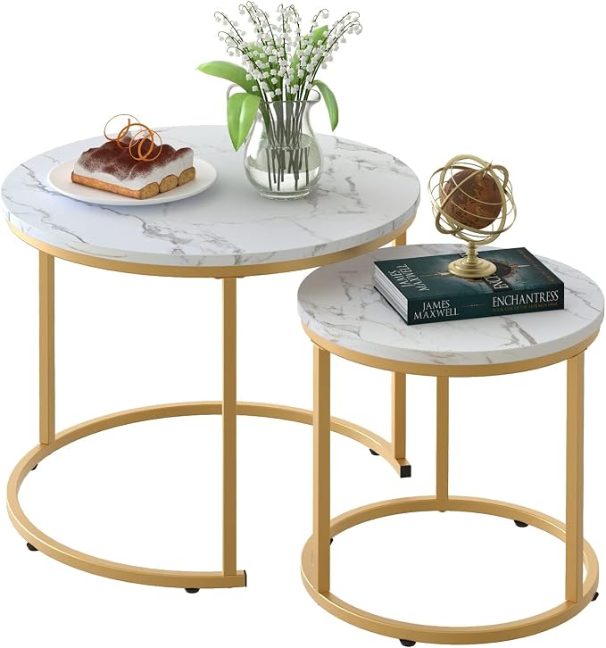 aboxoo Coffee Table Nesting White Set of 2 Side Set Golden Frame Circular Round by aboxoo
