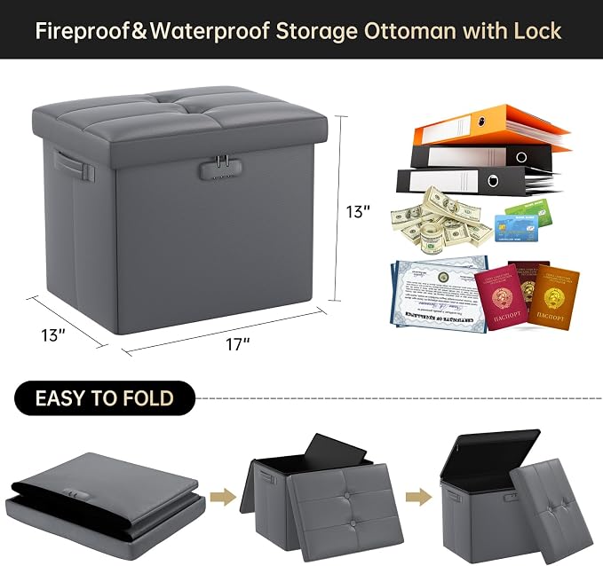 DocSafe Storage Ottoman with Lock, Fireproof Folding Ottoman Foot Rest Stool - Image 3
