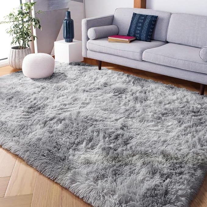 Light Grey Shaggy Abstract Area Rug 6x9 Feet, Plush Fluffy Rugs - Image 9