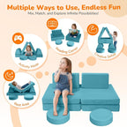MeMoreCool Kids Play Couch, 8-Piece Modular Toddler Couch Set in Teal Blue - Image 4