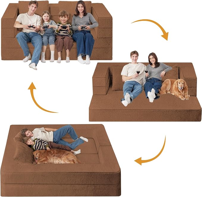 Folding Bean Bag Chair for Adults, 3-in-1 Bean Bag Couch Faux Fur Floor Sofa - Image 4