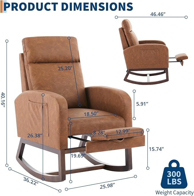 Rocking Chair Nursery with Foot Rest, Modern PU Upholstered Reading Glider - Image 2