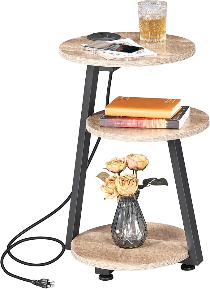 BEWISHOME Round End Table with Charging Station, Side Accent Table with 3-Tier by BEWISHOME