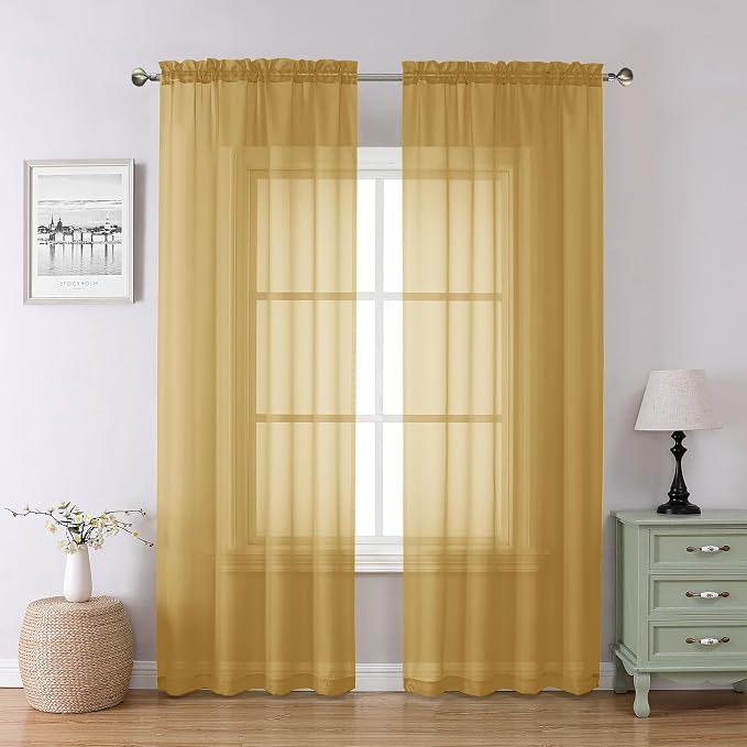 Chyhomenyc Gold Sheer Curtains 84 inches Long 2 Panels Set | Light Filtering by Chyhomenyc