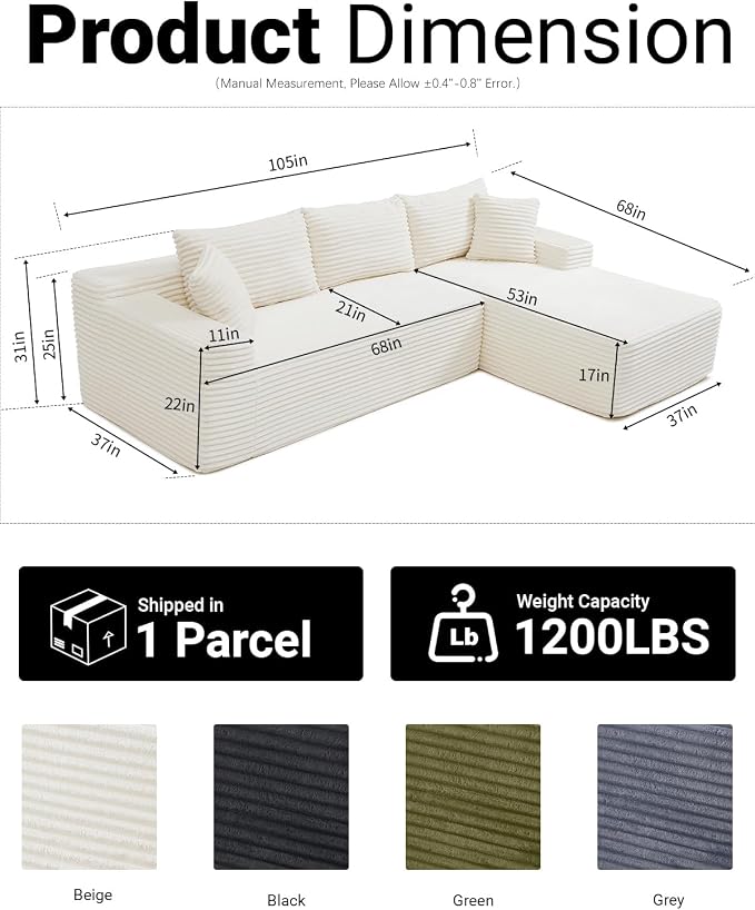 Cloud Sectional Couch, Corduroy Boneless Couches - Image 2