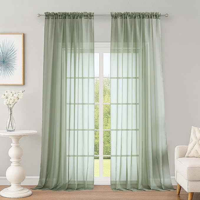 Sage Green Sheer Curtains, Sheer Curtains 96 inches Long 2 Panels Set, Rod by OWENIE