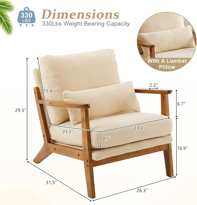 VINGLI Solid Wood Wide Armrests Accent Chair, Upholstered Mid Century Modern - Image 2
