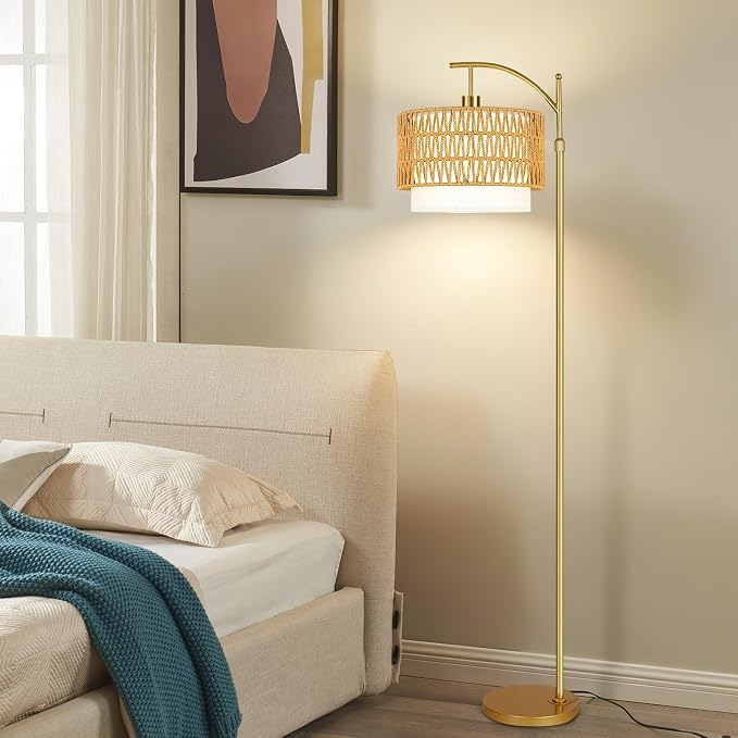 Gold Floor Lamps for Living Room Rattan Boho Floor Lamp - Image 3