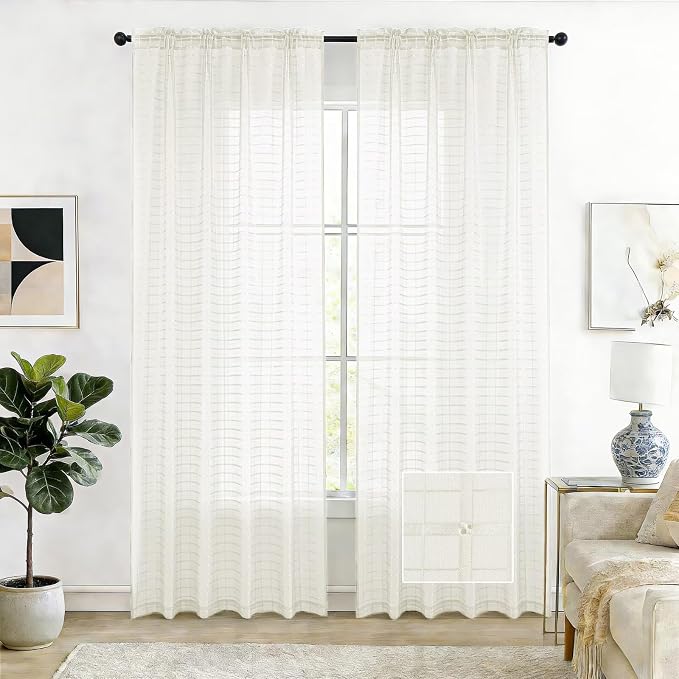 SpaceDresser Check Sheer Curtains 108 Inches Long by SpaceDresser