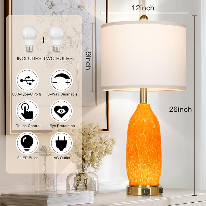 Rinweey 26" Modern Orange Glass Table Lamp Set of 2, Bedside Lamps - Image 2