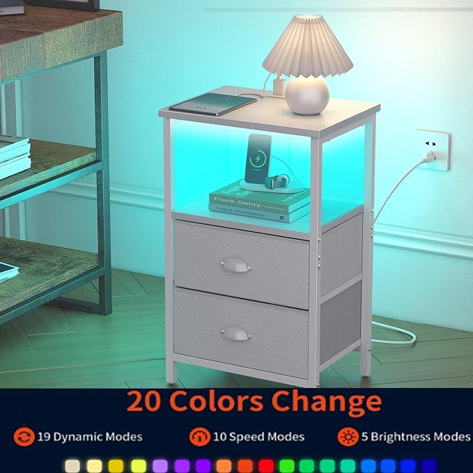 sthmec Nightstand with Charging Station, LED Night Stand with 2 Fabric Drawers - Image 6