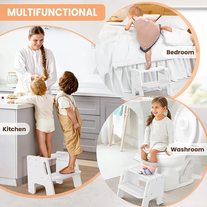 Toddler Step Stool, Wooden Height-Adjustable 2-Step Stool - Image 6