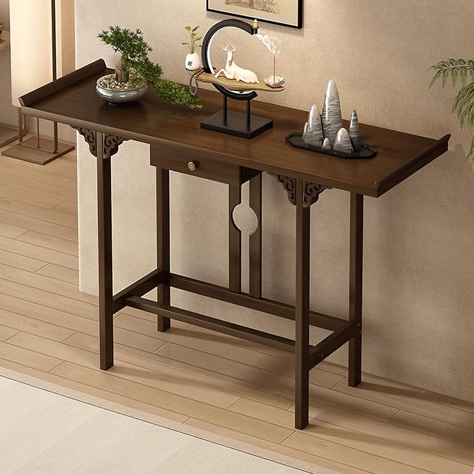 Bamboo Console Table with Drawer, Small Sofa Tables with Open Shelf, Chinese by RUYICZB