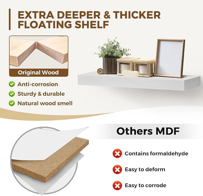 24x8x1.6 inch Floating Shelves Set of 2 – Solid Wood Rustic White Wall Mounted - Image 3