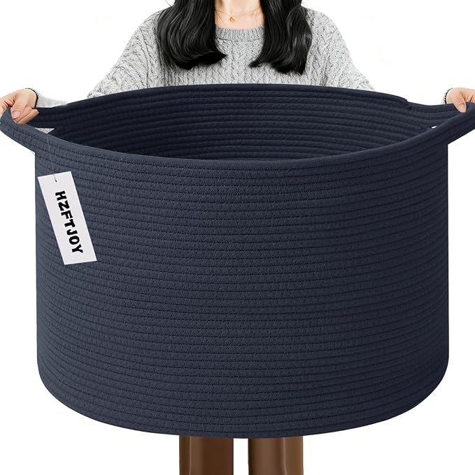 65L Large Blanket Basket, Woven Rope Laundry Basket Hamper by HZFTJOY