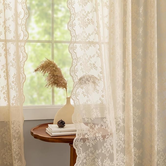 YJ YANJUN Vintage Lace Curtains 45 Inch Length- Cute Floral Cafe Curtains - Image 3