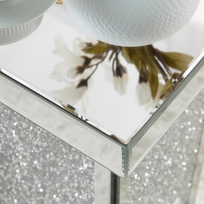 Silver Mirrored End Table with Crystal, Modern Side Accent Table, Square Small - Image 6