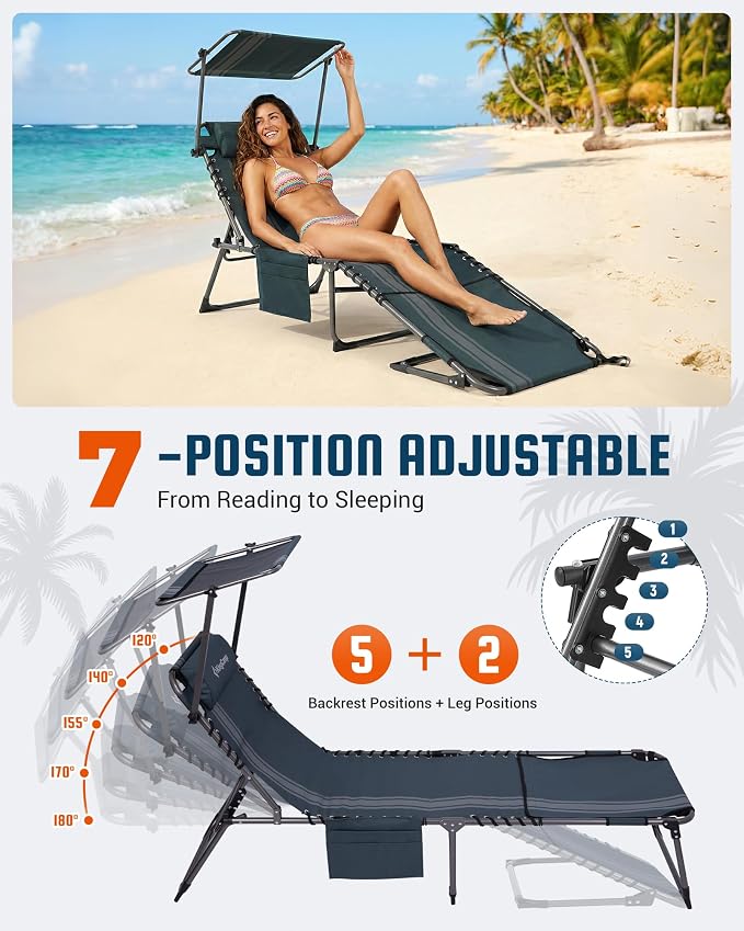 KingCamp Lounge Chair with face Hole & Canopy Shade, 400LBS Folding Portable - Image 6