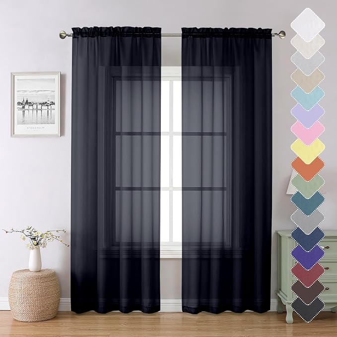 Black Sheer Curtains 84 Inches Long 2 Panels, Solid Voile Light Filtering Airy by Lecloud