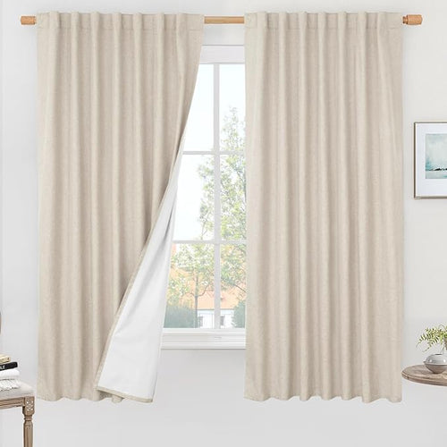 100% Blackout Linen Bedroom Curtains 63 Inches Long 2 Panels | Oatmeal by LAMIT