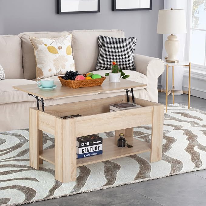 Lift Top Coffee Table with Lift Tabletop Hidden Compartment and Storage Shelf - Image 2