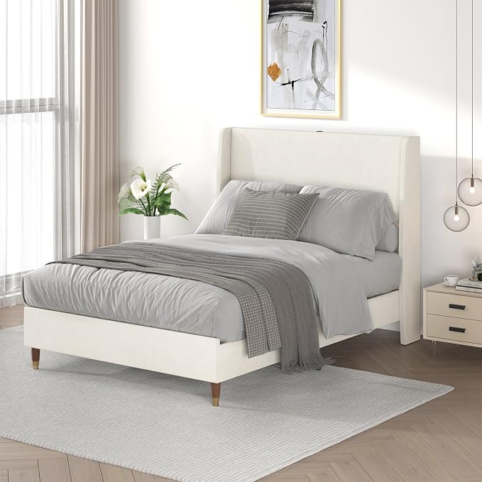 MALOL Full Size Bed Frame with Upholstered Headboard, Linen Fabric Platform Bed by Unknown