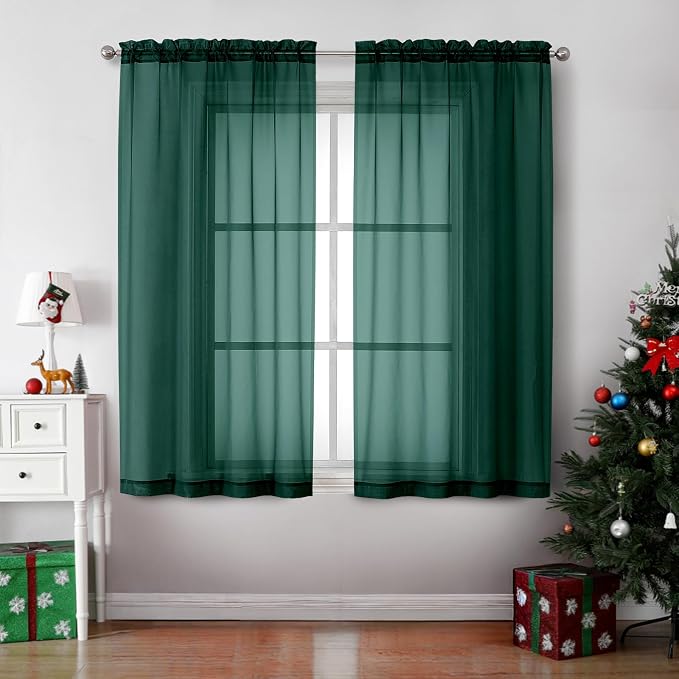 Hunter Green Sheer Curtains 63 Inches Long 2 Panels by OVZME