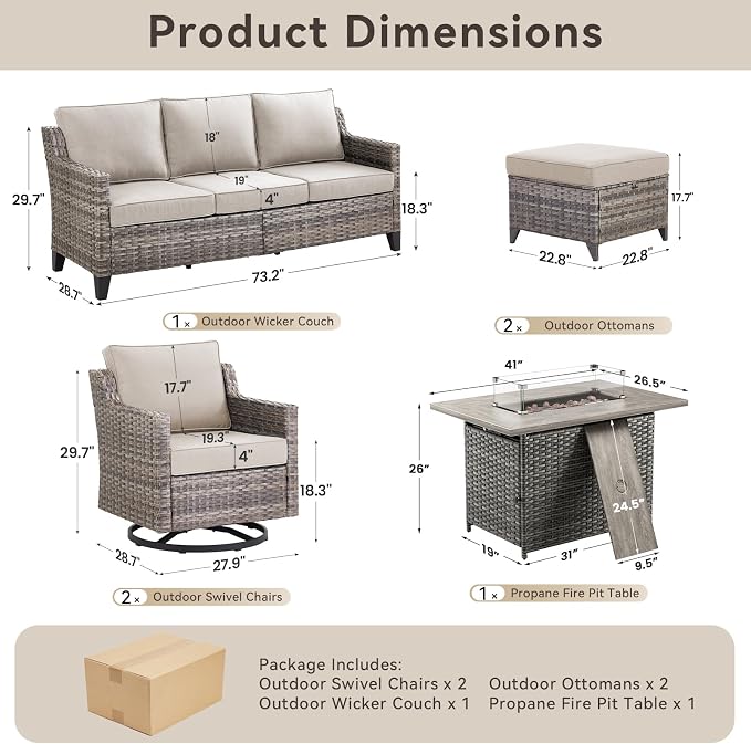Patio Furniture Set with 42.5" Fire Pit Table-6 Pieces All Weather Wicker - Image 8
