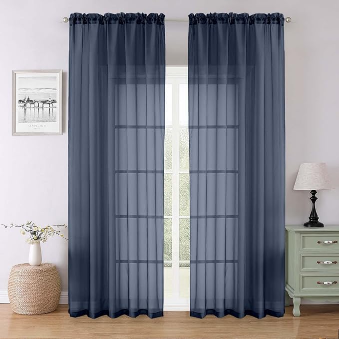 Navy Blue Sheer Curtains 90 Inches Long 2 Pcs, Soft Airy Light Filtering Home by Lecloud