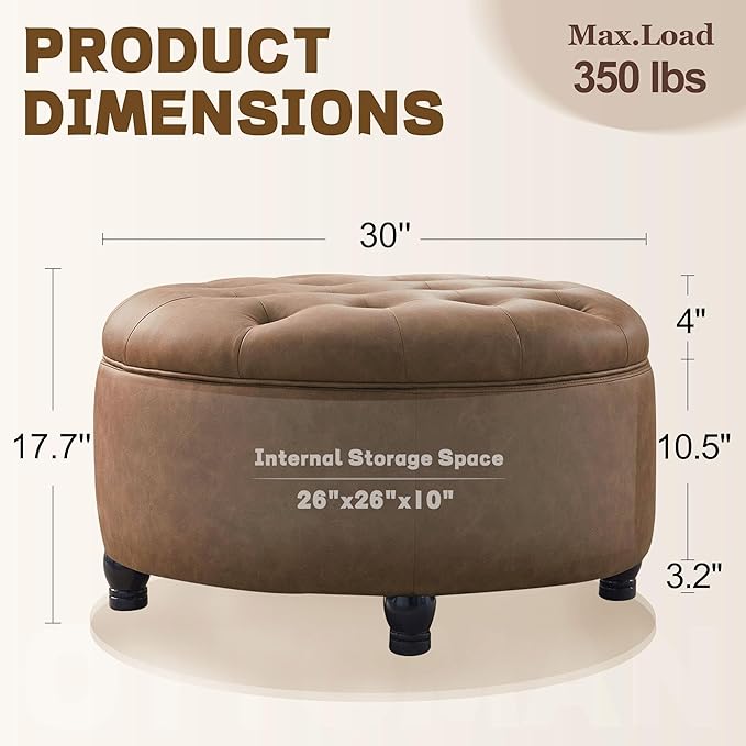 30-Inch Round Storage Ottoman, Button Tufted Ottoman Coffee Table - Image 2
