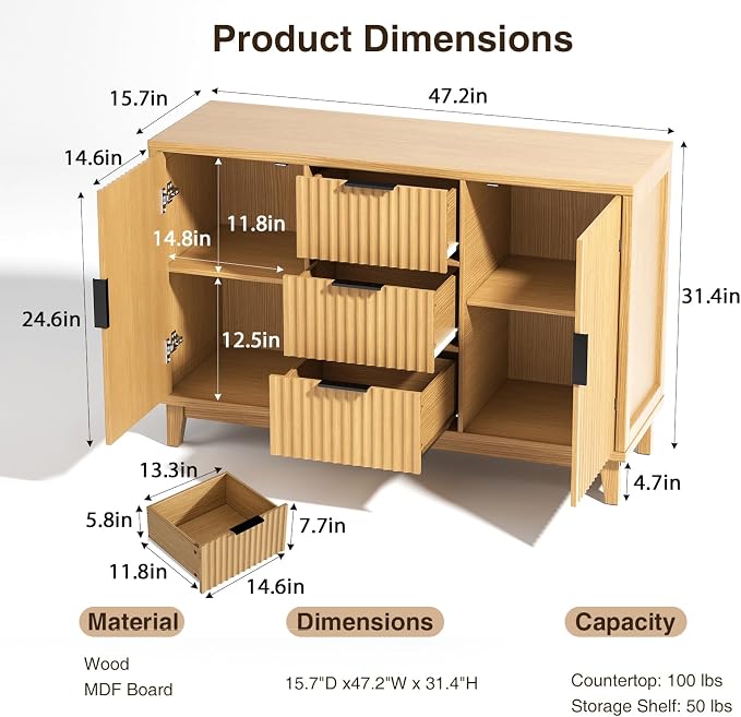 47.2" W Storage Cabinet with 3 Drawers, Fluted Buffet Cabinets with Storage - Image 2
