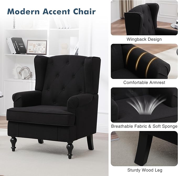 Accent Chair Set of 2, Mid Century Modern Fabric Wingback Chair, Upholstered - Image 5