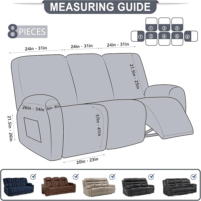 ANARACHON Leather Look Recliner Couch Cover, 8-Pieces Stretch Recliner Sofa - Image 3