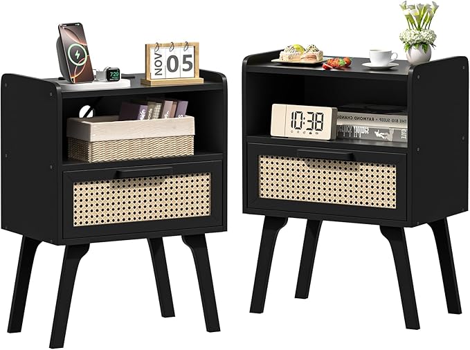 Lerliuo Rattan Nightstands Set of 2, Bedside Table by Lerliuo