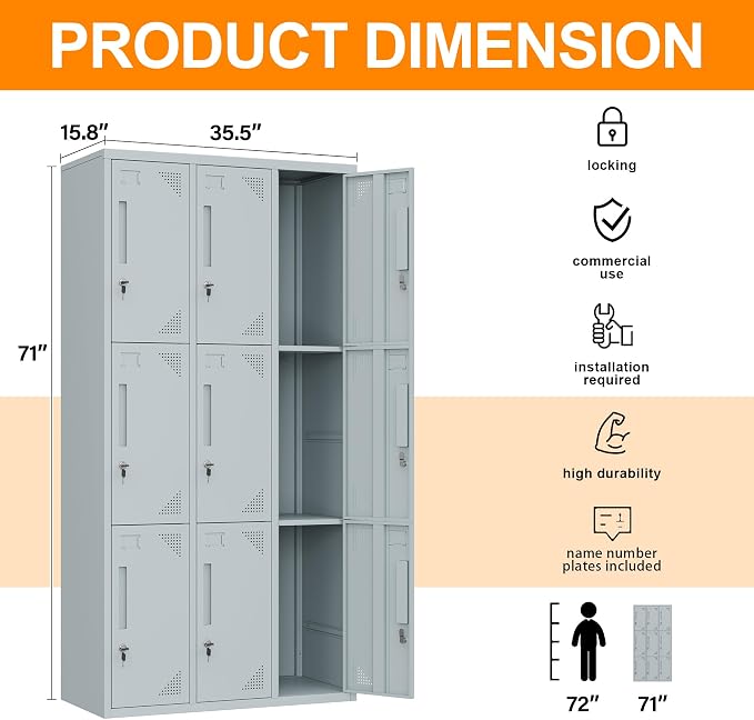 Metal Locker with 9 Doors Employees Locker, Metal Storage Locker with Hooks - Image 3