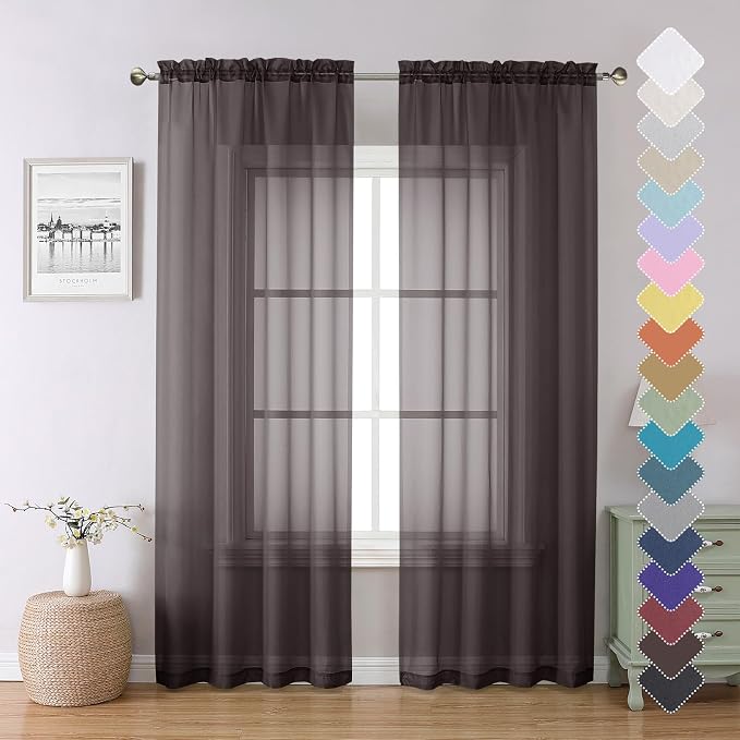 Chocolate Sheer Curtains 84 Inches Long 2 Panels Set, Rod Pocket Transparent by Lecloud