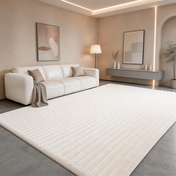 Creamy White Rabbit Striped Plush Rug 6'x9', Fluffy Faux Fur Shaggy Area Rug - Image 3