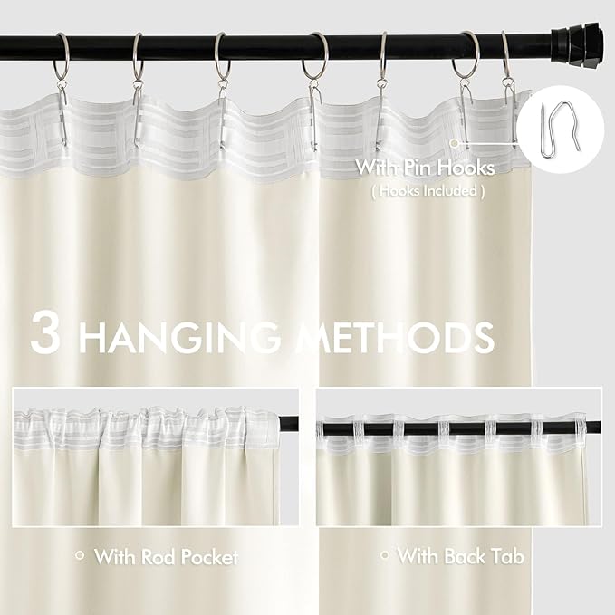 MIULEE Cream Back Tab Blackout Curtains 52x102 Inch Long 2 Panels Set | Rod - Image 3