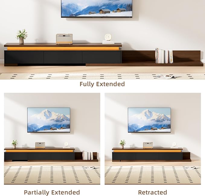 Extendable TV Stand with LED Lights, Modern TV Console with 3 Drawers, Wooden - Image 5