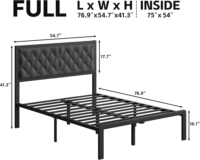Fluest Full Bed Frame with Headboard Linen Upholstered Bed Frame Platform - Image 2