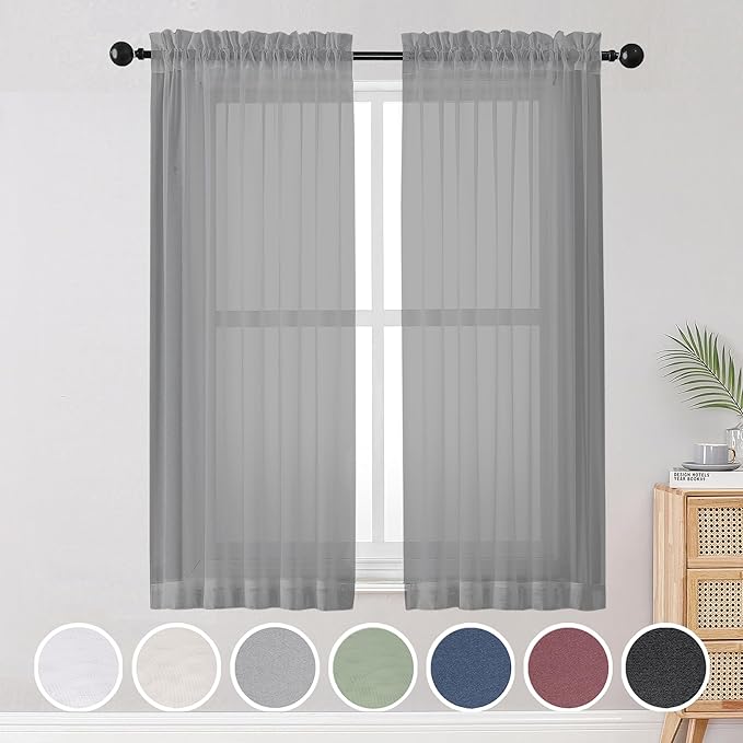 Gray Sheer Curtains, Sheer Curtains 63 inch Length 2 Panels Set, Rod Pocket by OWENIE