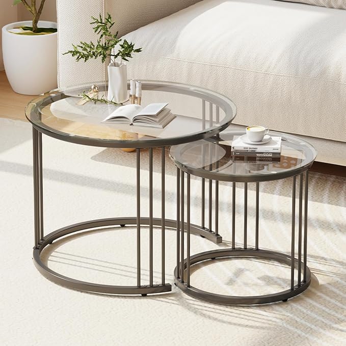 Garden 4 you Nesting Coffee Table, 23.6" Round Coffee Table Set of 2, Glass by Garden4you